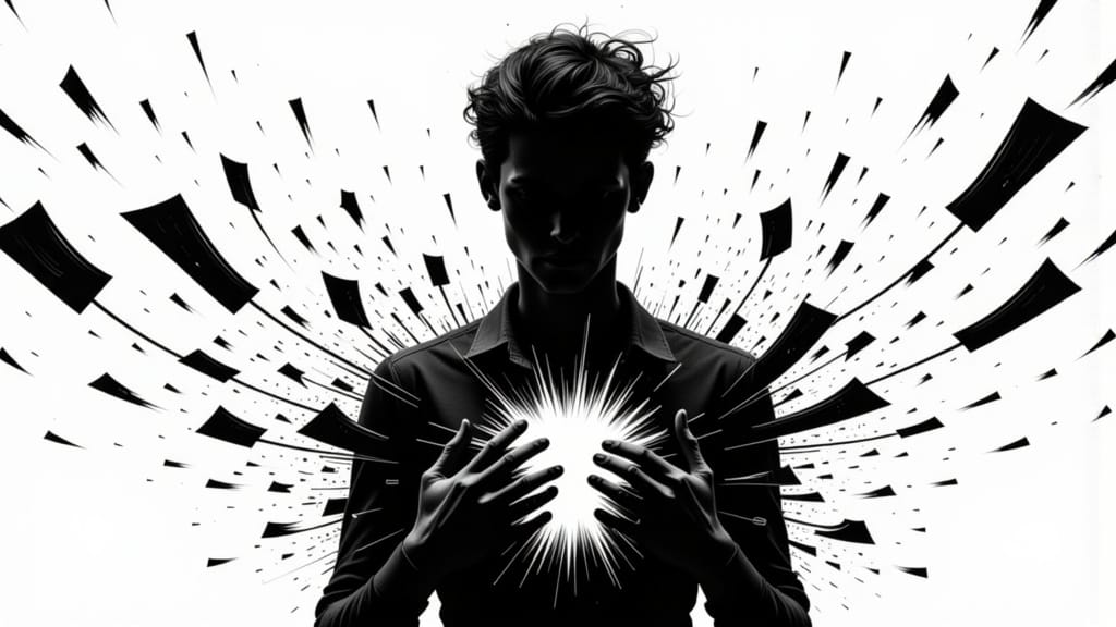 A man standfing in the shadows of himself, ripping open his chest to reveal pages of incoherent writing