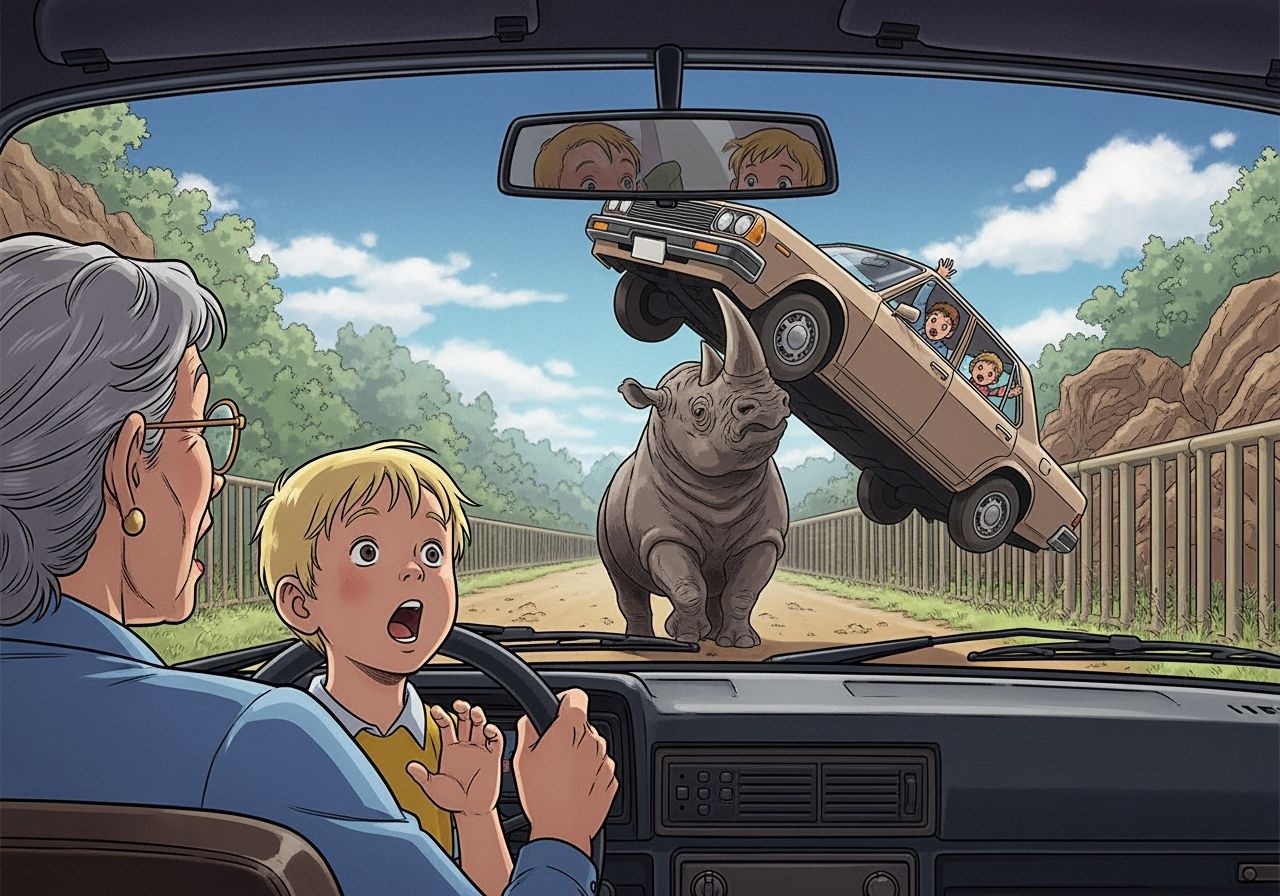 Rhinoceros picking up a car at a drive-through zoo